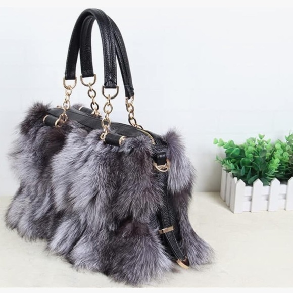 Luxury Real Fox Fur Handbag  Furry Shoulder Bag Purse Black - Picture 5 of 10